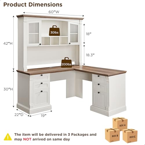 OKD 60" L Shaped Farmhouse Executive Desk with Hutch, Antique White | Charging Station, File Cabinet, Drawers, Home Office Desk, Wood Corner Computer Desk for Work, Study - color: Antique White
