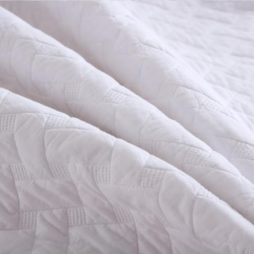 Wistown Cotton Bedspread Quilt Bedding Set, Queen Size, White | 3 Pieces Reversible Lightweight Soft Coverlets Comforters, All Seasons, Weave Stitching Pattern - color: White Weave Pattern, size: Queen (90 by 98inch)