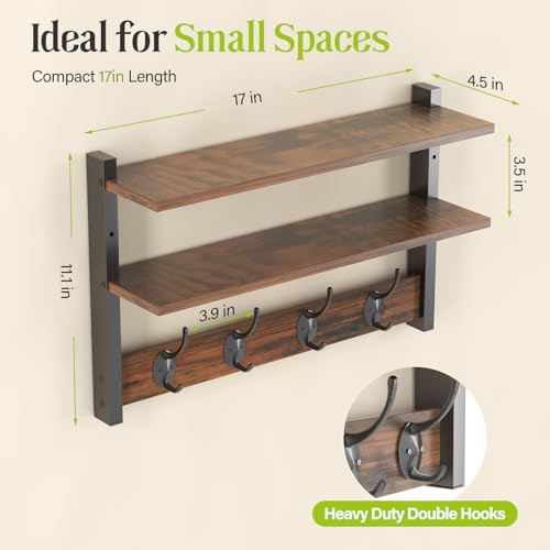 Two-Tier Wall Shelf with Hooks, 17" Coat Rack Wall Mount with Shelf, Key Hooks for Wall with Heavy Duty Double Hooks, Coat Hook Wall Mounted for Bedroom, Living Room, Rustic Brown - color: Brown-1 Pack