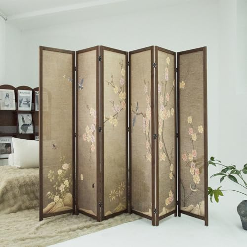 6 Panel Bamboo Room Divider, Freestanding Folding Privacy Screen | 5.6 ft Bamboo Print Screen, Divider for Room Separation, Foldable Panel Screen, Double-Sided Colourful Plum Design - color: Colourful Plum, size: 6 Panel