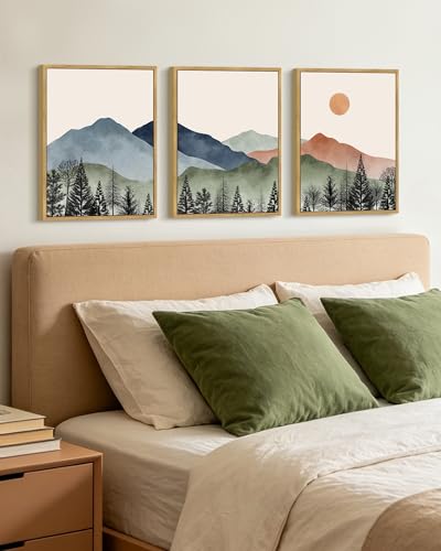 KUVIOKE Mountain Landscape Framed Wall Art Watercolor Nature Painting Boho Sun Rise Prints Farmhouse Rustic Room Decor Ready to Hang 12x16in (Natural Framed) - color: Watercolor Mountain, size: 12 x 16in x 3 Panels Natural
