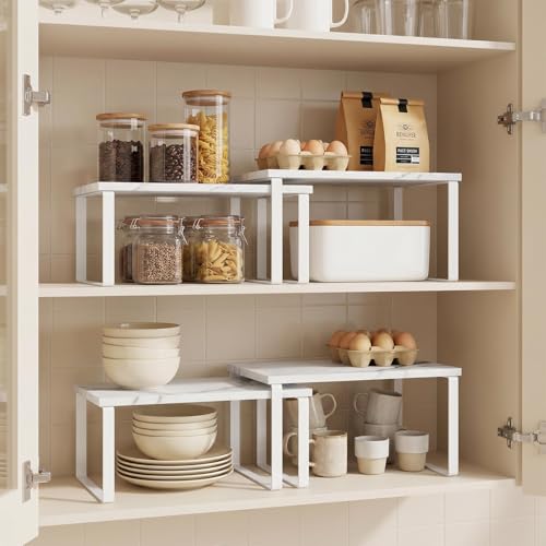 Counter Shelf Set of 4, Kitchen Cabinet Organizer Shelves, Marble White | Countertop Shelf Organizer, Stackable&Expandable, Spice Rack, Bathroom Pantry Racks, Metal and Engineered Wood - color: Marble White