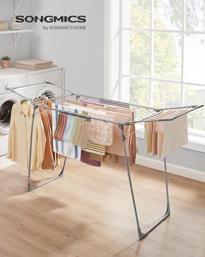 SONGMICS Clothes Drying Rack Foldable, Gullwing Laundry Drying Rack, Space-Saving, 22.2 x 68.1 x 38 Inches, Sock Clips, Metal Structure, for Clothes, Towels, Linens, Indoor, Outdoor Gray ULLR518G01 - color: Gray, style: 2 Gullwings(22.2"D)