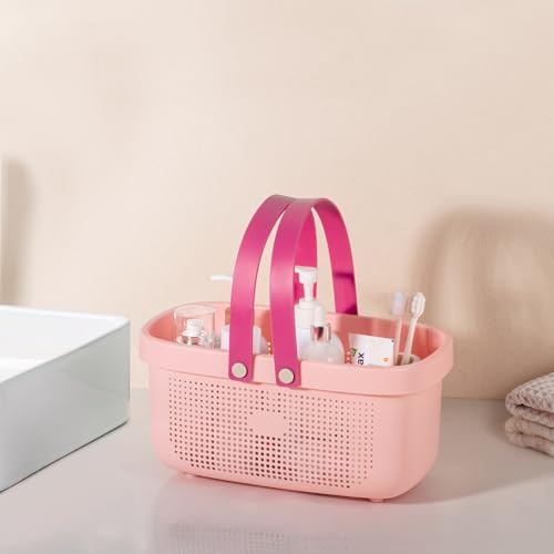 Portable Shower Caddy Basket with Handles Plastic Storage Basket Light Pink | Sturdy Drainage Large Capacity Organizer Basket with Silicone Handles for Bathroom Kitchen Bedroom College Dorm Essentials - color: Light Pink, size: Large