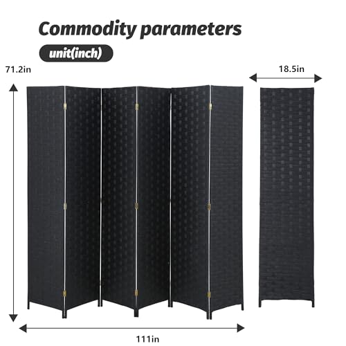 FDW Room Divider 6 Panels Wood Mesh Hand-Woven Design Indoor Folding Portable Partition Screen, Coal Black - color: Coal Black, size: 6 Panel