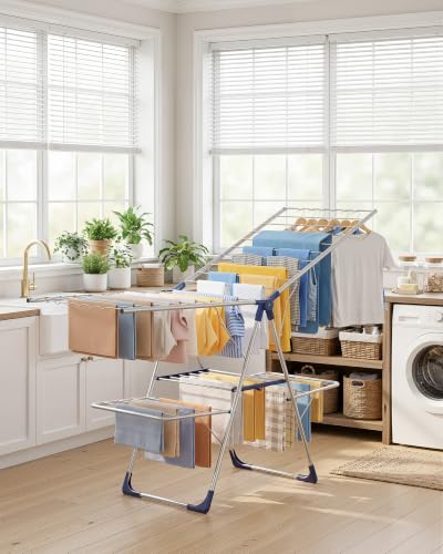 Sakugi Clothes Drying Rack, Foldable 2-Level with 70" Adjustable Wings | Laundry Room, Bedroom, Indoor & Outdoor Use, Height Adjustable, Clothing & Bedding, 70.0" L × 22.8" W, Silver and Blue - color: Silver and Blue, size: X-Large (70"L x 22.8"W x 36.6"H