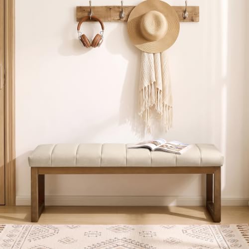 52.7" Bedroom Bench for End of Bed, Faux Leather Entryway Bench (Cream-PU) | Modern Upholstered Dining Bench & Footrest Stool Bench with Solid Wood Frame for Bedroom, Living Room - color: Cream-pu