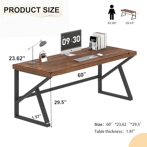 60 Inch Solid Wood Computer Office Desk Small Writing Desks for Home | Minimalist Large Rustic Real Natural Wood Table for Home Office Industrial PC Gaming Computer Workstation - color: Brown, size: 60 inch
