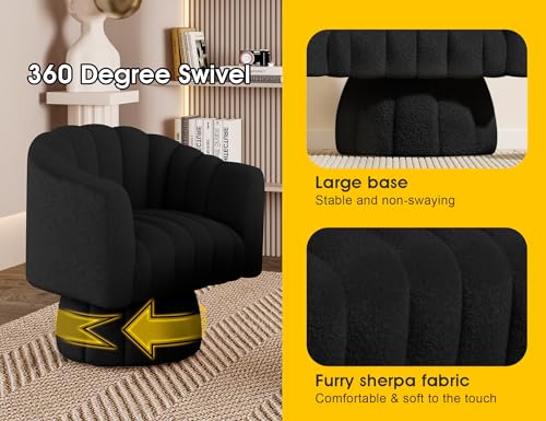 Dewhut Swivel Accent Chair, Barrel Accent Chair, Teddy, Black | Teddy Upholstered Round Arm Chair with 360° Swivel Base, Mid Century Modern Living Room Chair, Easy Setup - color: Black-teddy