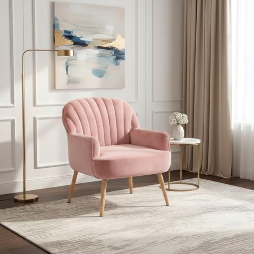 GDFStudio 25" Velvet Accent Chair with Arms and Back, Modern Shell-Shaped Upholstered Barrel Chairs, Small Comfy Reading Chair Lounge Chairs with Solid Legs for Living Room Bedroom Office Cafe, Pink - color: Pink