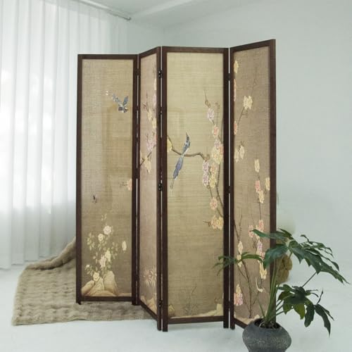 4 Panel Bamboo Room Divider, 5.6 ft Tall Double Sided Folding Privacy Screen for Room Separation, Premium Thickened Wood Frame Wall Divider, Colourful Plum (67" H x 63" W) - color: Colourful Plum, size: 4 Panel