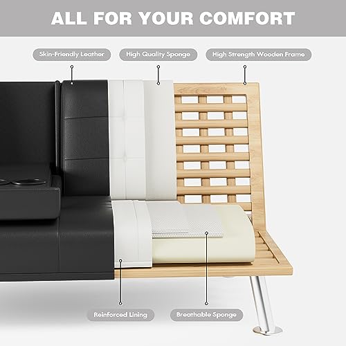 JUMMICO Faux Leather Futon Sofa Bed, Sleeper Sofa with Adjustable Backrest | Futon Couch with Removable Armrests & 2 Cup Holders, Loveseat Futon Set for Living Room, Apartment and Office | Black