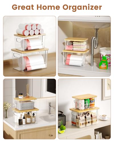 Trash Bag Dispenser 2 Pack, Stackable Trash Bag Holder with Bamboo Lid – Clear Plastic Garbage Bag Organizer for 4-33 Gal Bags, Space-Saving Under Sink Organizer for Kitchen, Laundry, Pantry - size: XL+S