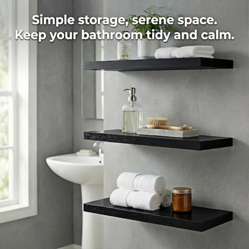 SAUMONIERES Floating Shelves Wall Shelf Solid Wood for Bathroom Bedroom Kitchen Set of 3, Black Wall Shelves - color: Black, size: 16 Inch-3 shelves