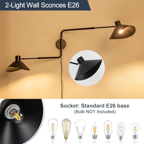 Big 2-Light Plug in Wall Sconce, Adjustable Swing Arms Wall Light Fixture for Living Room Bedroom Bedside Wall Light Adjustable Swivel Arms Length 22” to 58” - color: A-Black