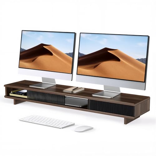 Dual Monitor Stand Riser with Storage Drawer for Desk Organization | Fits Dual 32" Monitors, Walnut Finish, Hidden Storage, Ergonomic Height, Holds 110lbs, No Flex, Quick Setup
