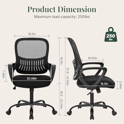 Home Office Desk Chair, Lumbar Support, Mesh Back Computer Chair | Height Adjustable, Mesh Mid-Back, Ergonomic Task Gaming Chair with 360° Swivel Wheels, Lumbar Support, Black - color: Black, size: 18.5D'' Flixed Arms