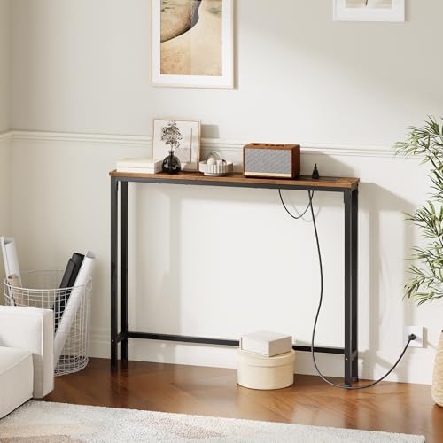 HOOBRO 39.4 Inch Narrow Console Table with Power Outlets, 5.9 Inch Sofa Table with Storage, Skinny Behind Couch Table, for Entryway Hallway, Small Spaces, Rustic Brown and Black BF52UXG01G1