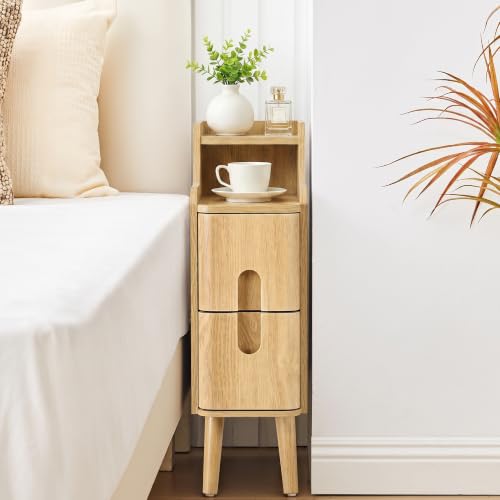 FurSch Narrow Nightstand, Wooden 2 Drawer, Natural, Set of 2 | Slim Side End Table, Skinny Bedside Table, Mid Century Modern, With Drawers for Bedroom - color: Natural 3-2 Pcs