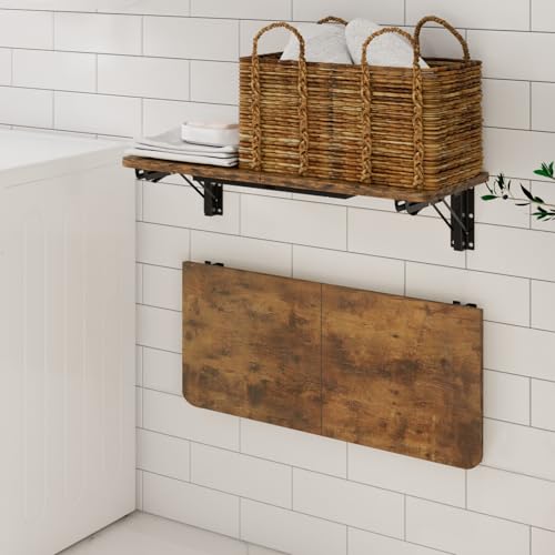 TEAMIX Wall Mounted Folding Table, Floating Desk for Small Spaces, Rustic | Heavy-duty Brackets, Space-saving Murphy Table, Use as Home Office Desk, Dining Table, Laundry Shelf, or Balcony Table - color: Brown, size: 23.6"W x 11.8"D