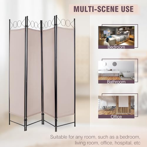 4 Panel Room Divider 6FT Steel Frame Screen Folding Privacy Divider Freestanding Partition for Home Office Bedroom (Tan) - color: Tan