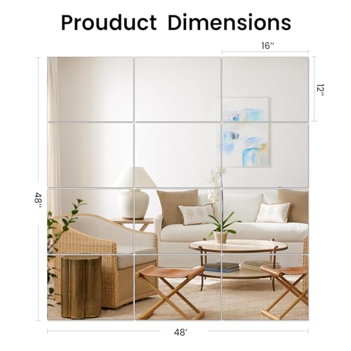 Home Gym Mirror for Gym, 12Pcs 16"×12" Wall Mirror Tiles, Frameless HD Glass Full Length Wall Mirrors for Wall Decor, Bedroom, Living Room, Over The Door, Self Adhesive - size: 12Pcs- 16" × 12"