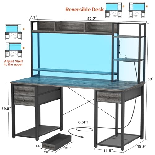 Aheaplus Desk with LED and Outlets, Gaming Desk with Hutch, 47.2'' Computer Desk with Drawers, Reversible office desk with storage bookshelf Large Workstation Desk with Shelf, Desk for Home, Black Oak - color: Black Oak, size: 47.2''