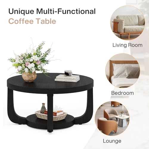 Tribesigns Round Coffee Table, 2-Tier Circle Coffee Table with Storage, Modern Wooden Accent Center Table for Living Room, Thick Tabletop & Base, Black - color: Black