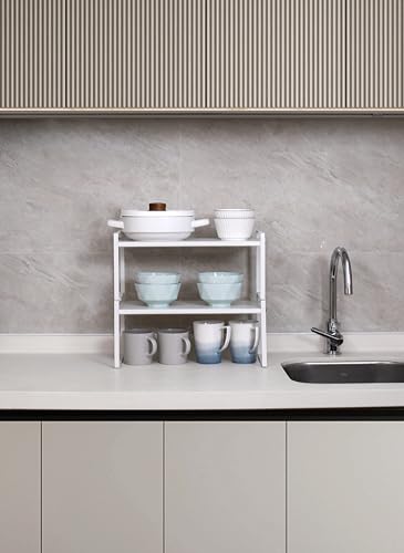 Nxconsu Stackable Cabinet Shelf Organizer 2 Pack, Wide White | Heavy-Duty 3mm Steel Stackable 2-Tier Shelf, Holds 50 lb, for Kitchen Cabinet Pantry Cupboard Counter Bathroom Under Sink - color: White, size: Wide - 12"D x 7.3"H