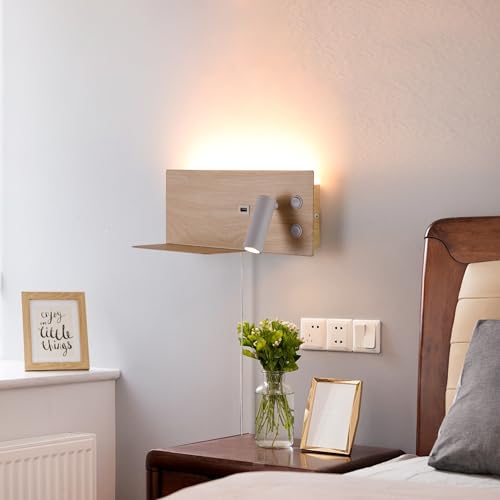 Modern LED Plug in Wall Sconce, Wall Light with Shelf and USB Charging Port, Rotatable Reading Spotlight & Soft Backlight, Plug-in or Hardwired Wall Lamp for Bedroom Bedside, Light Wood Grain Finish - size: 2-light Right Switch White