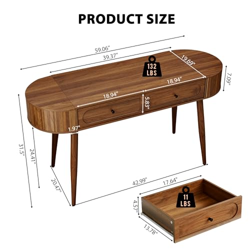 59" Wood Writing Desk, Laptop Desk with Drawer, Vanity Table Study Desk | Mid-Century Writing Desk, Walnut Laptop Desk with 2 Flip Storage and Drawers, 150 CM Elegant Fluted Desk for Office, Bedroom - color: Walnut-59 Inch