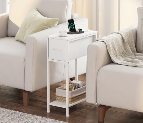 End Table with Charging Station, Narrow Side Table Nightstand with Fabric Drawer, Slim Nightstand for Bedroom, Small Bedside Table, Slim Sofa Side Table for Small Spaces, White - color: White, size: 1 Piece
