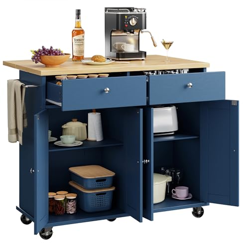 Shintenchi Kitchen Island with Drop Leaf, Rolling Kitchen Cart with Storage on Wheels, Table Bar Cart for Kitchen with Towel Rack & Seating Area for Dining Room, Blue - color: Blue