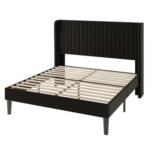 Allewie Full Size Velvet Bed Frame/Vertical Channel Tufted Wingback Headboard/Upholstered Platform Bed/Strong Wooden Slats/No Box Spring Needed/Easy Assembly/Black - color: Black, size: Full