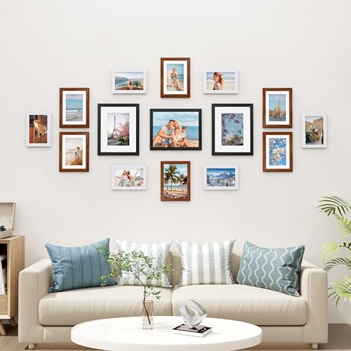 Vittanly 15 Pack Gallery Wall Frame Set, Black, Walnut Brown, White | Picture Frames Collage Wall Decor: 3pcs 8x10, 6pcs 5x7, 6pcs 4x6. Picture Frame Set for Wall or Tabletop Display - color: Black & Walnut Brown & White