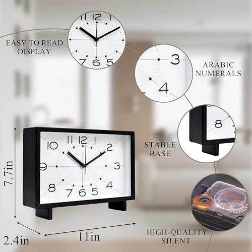 EMAX HOME Modern Rectangular Table Clock, Silent Non-Ticking Desk Clock Battery Operated, 11 Inch Minimalist Mantel Shelf Clock with Large Numerals for Living Room Decor, Bedroom Nightstand & Office