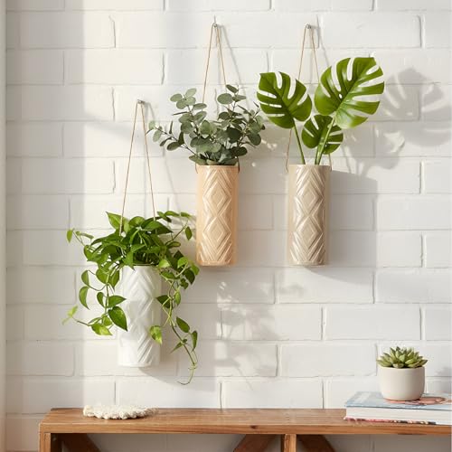 Ceramic Boho Wall Vases Set of 3, 7.9 Inch Modern Hanging Vase for Living Room Bedroom, Farmhouse Art Wall Decor Geometric Minimalist Hanging Flower Vase, Women