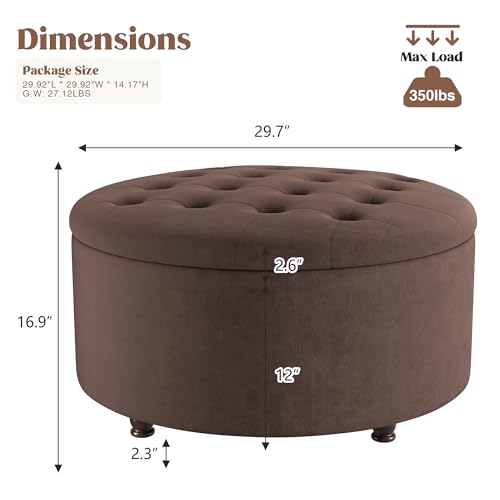 30 Inch Round Storage Ottoman,Modern Tufted Ottomans,Upholstered Large Ottoman with Storage with Removable Top Footrest Stool for Bedroom Living Room (Darkbrown) - color: Darkbrown, size: 30"D x 30"W x 16.9"H