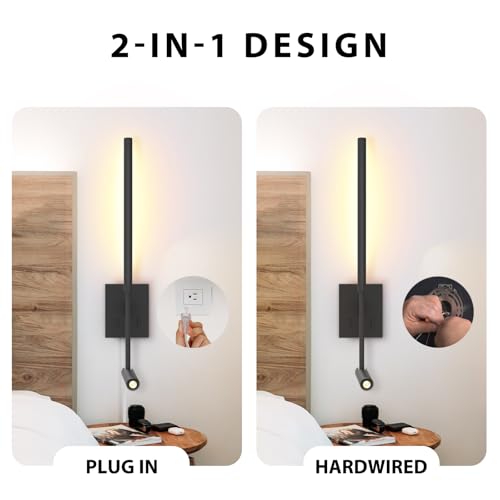 Modern Plug in Wall Sconce Indoor Wall Light Set of two for Bed, Corded Minimalist Bedside Linear Wall Sconce With Switch, Adjustable Black Wall Mount lamp for Living Room Bedroom Hallway Reading etc - color: Black, size: 2-PCS
