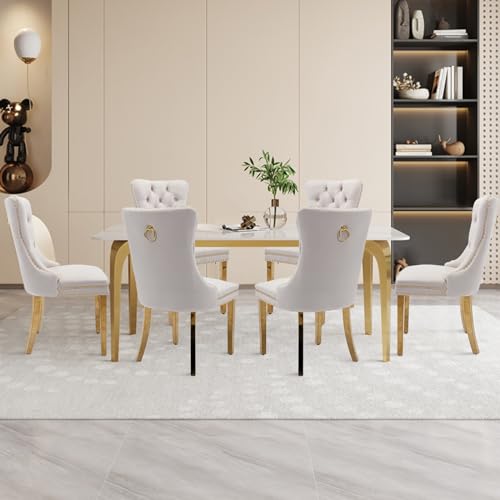 Velvet Upholstered Dining Chairs Set of 8, Modern Style Kitchen Side Chairs with Nailhead Trim and Gold Plated Leg, Metal Pulling Ring for Dining Room Living Room(Beige) - color: Beige-gold Plated Leg, size: Set of 8