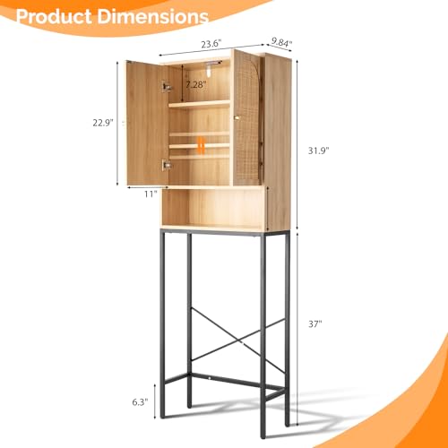 VINGLI Over The Toilet Storage Cabinet, Rattan Bathroom Organizer Behind Toilet,Above Metal Stand Rack Tall Freestanding Wood Cabinet with Wicker Doors,Adjustable Shelf for Bathroom,Restroom,Bohemian - color: Rattan Oak, size: 9.5"D x 23.6"W x 68"H