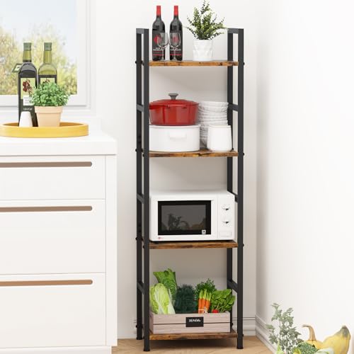 4 Tier Bookshelf, Narrow Storage Organizer for Small Space, Brown | Heavy-duty steel frame, 4 open shelves, Anti-slip feet, Easy assembly, Industrial Storage for Living room, Bedroom - size: 4 Tier