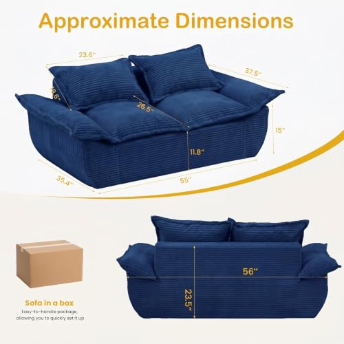 56" Boneless Loveseat, 2-Seater Boneless Sofa with Removable Cushions & 2 Pillows, Small Deep Seat Boneless Couch Compress Foam Sofa for Living Room, Apartments, & Office (Blue, Loveseat) - color: Blue, size: Loveseat(56")