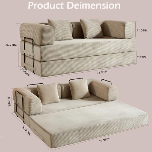 Convertible Sleeper Sofa Bed,Corduroy Folding Mattress Couch with Cylindrical Pillows,Metal Frame,High-Density Sponge,Reconfigurable Lounge Seat for Living Room Bedroom Apartment (Beige,Couch) - color: Beige, size: 77.95"L x 35.43"W x 26.77"H