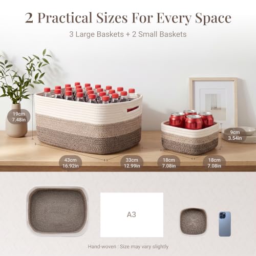 5-Pack Large Woven Rope Storage Baskets, 2 Sizes Organizer Bins | Fabric Cube Boxes and Rectangular Shallow Bins for Closet, Shelf, Bookshelf, Nursery, Changing Table, Bathroom, Toys & Home - color: gradient brown, size: 3pcs-16.92*12.99*7.08'' & 2pcs-7.0
