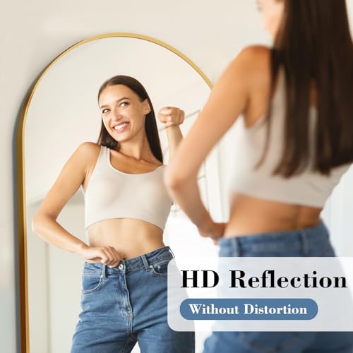 DUMOS 56"x21" Arched Full Length Mirror with Stand, Full Body Floor Mirror | Free Standing or Wall Mount, Nano Glass Aluminum Frame, Hanging or Leaning, Modern Simple Home Decor, Gold - color: Gold-rounded, size: 56"L x 21"W