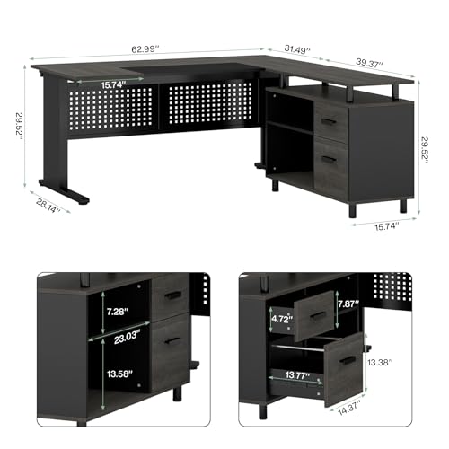 Tribesigns 63 Inch Executive Desk with File Cabinet, Large Office Desk | L Shaped Desk with File Drawer, Computer Table Desk with Storage, Large Desk for Home Office, Easy Assembly, Gray and Black - color: Gray and Black
