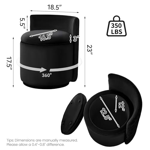 WUTUTUEE Velvet Vanity Chair with Storage, 360° Swivel Makeup Chair with Wave Back, No Assembly Small Accent Stool for Bedroom, Dressing, Living Room, Black - color: Black, size: Regular