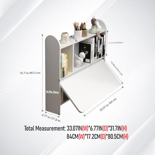 Wall Mounted Drop-Leaf Table, Floating Laptop Desk, Folding Table with Shelves, Multifunctional Computer Workstation with Storage Compartments in Home Office for Space Saving (White) - color: White