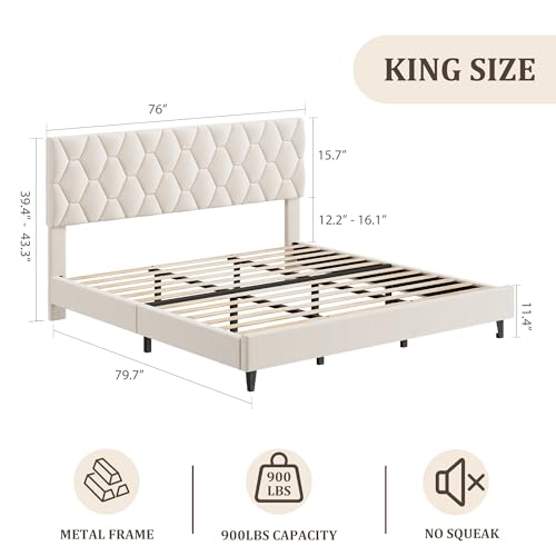 GAOMON King Bed Frame with Upholstered Headboard, Heavy-Duty Platform Bed Frame with Strong Wood Slats, No Box Spring Needed/Noise Free/Easy Assembly, Ivory White | Heavy-Duty Bed Frame with Wooden Slats Support Upholstered Mattress Foundation No Box Spri